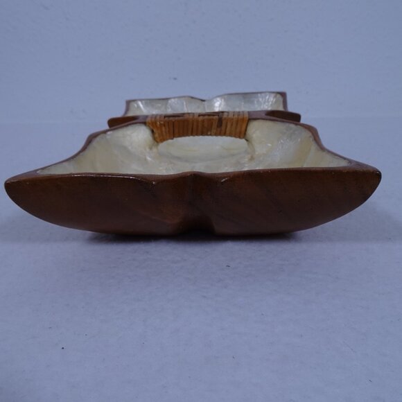 Vintage Wood Bowl Capiz Shell Lined Divided with Handle Butterfly Shape Trinket - Picture 8 of 8
